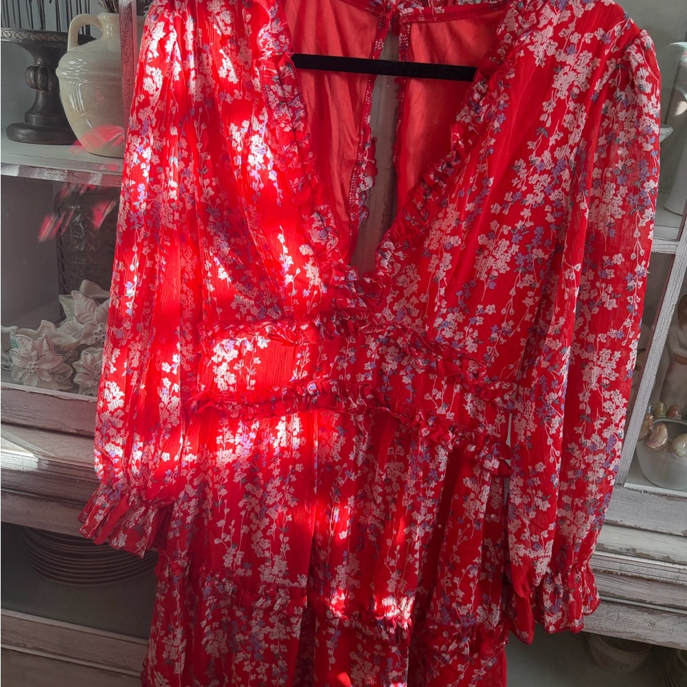 Floral Red Dress with V-Neck